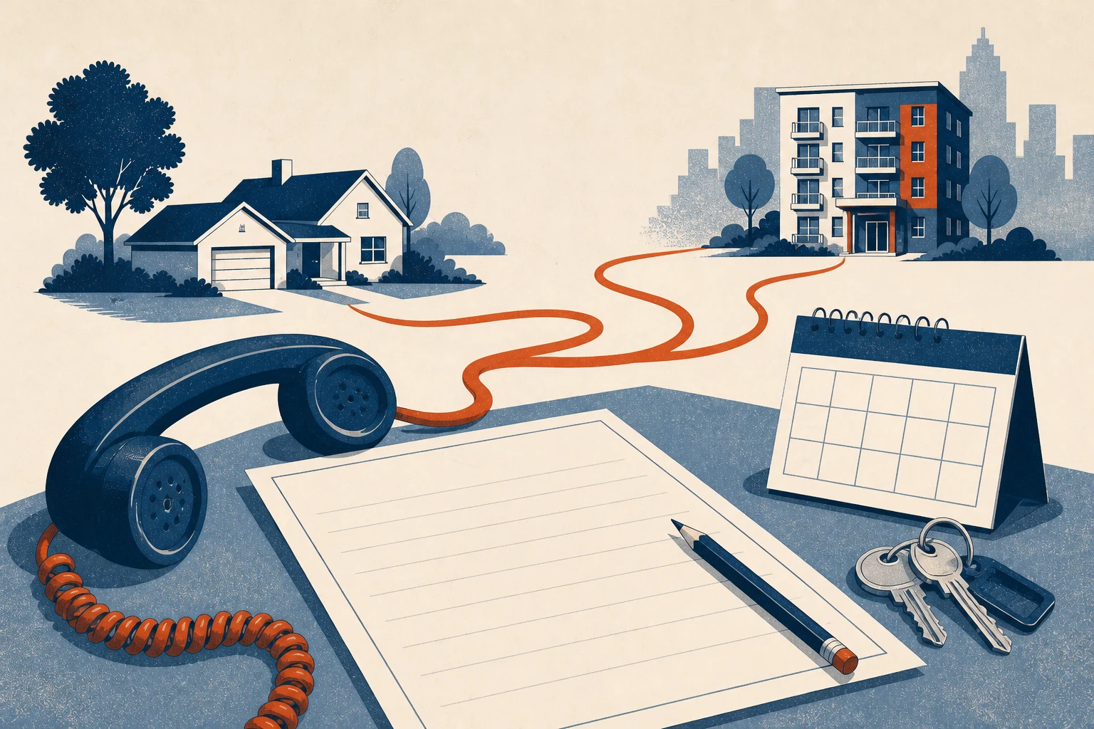 Editorial planning desk with a phone, calendar, keys, route, suburban home, and city apartment