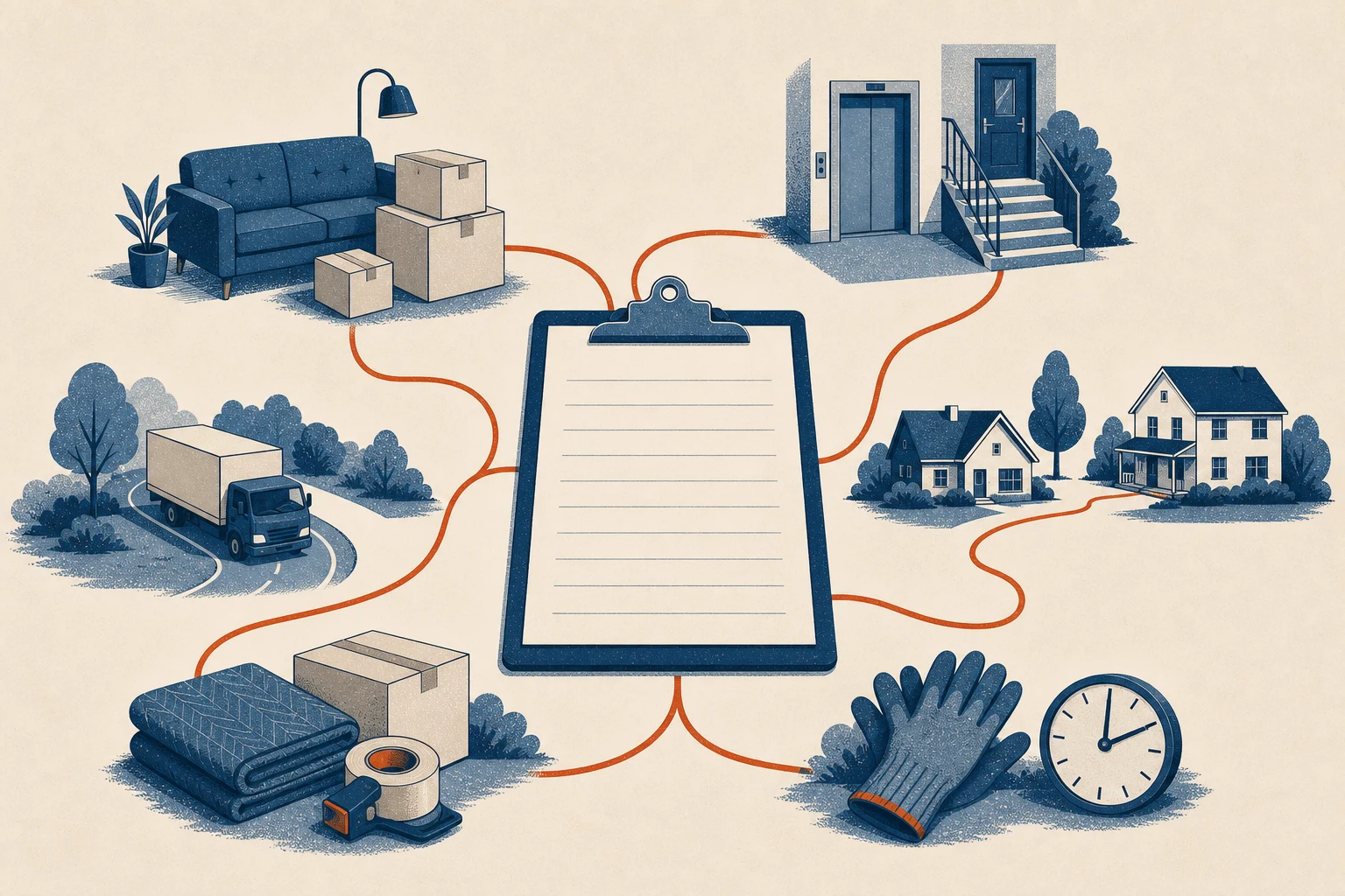 Editorial diagram connecting a moving estimate worksheet to inventory, access, route, crew time, and packing