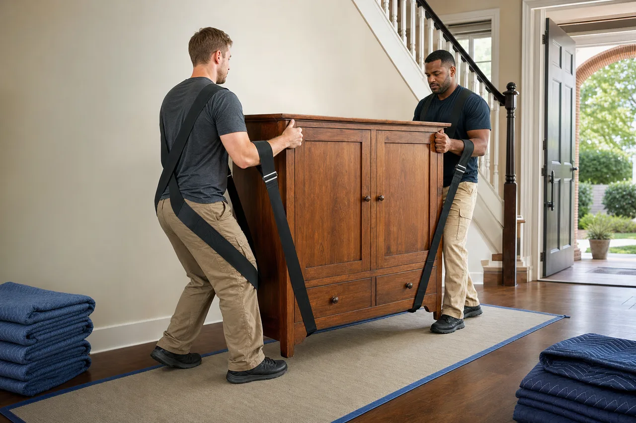 Movers using straps on a heavy cabinet