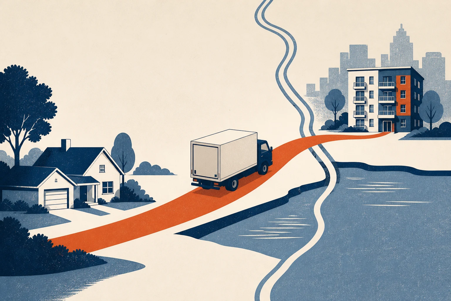 Editorial illustration of a moving truck traveling from a suburban home toward a city apartment across a stylized boundary