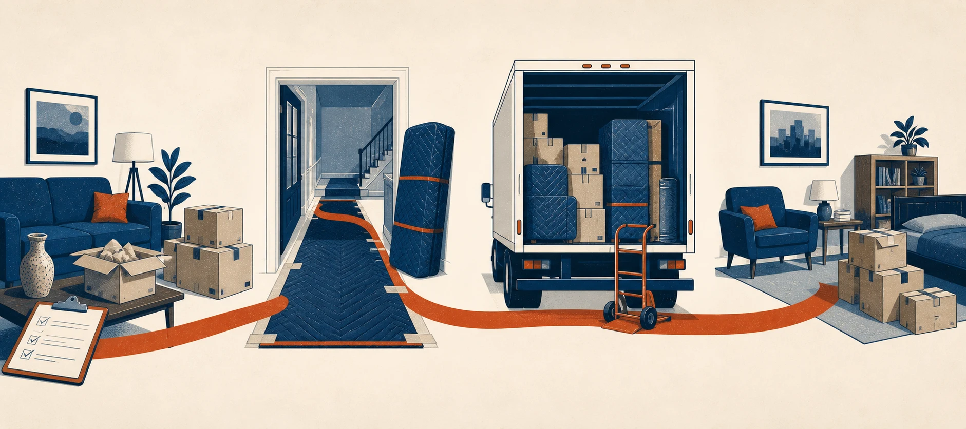 Editorial diagram showing a room inventory, protected carry path, ordered truck load, and destination room