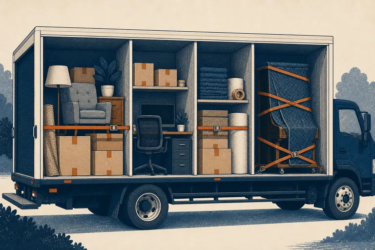 Editorial cutaway of a moving truck organized for household, office, packing, and specialty moves