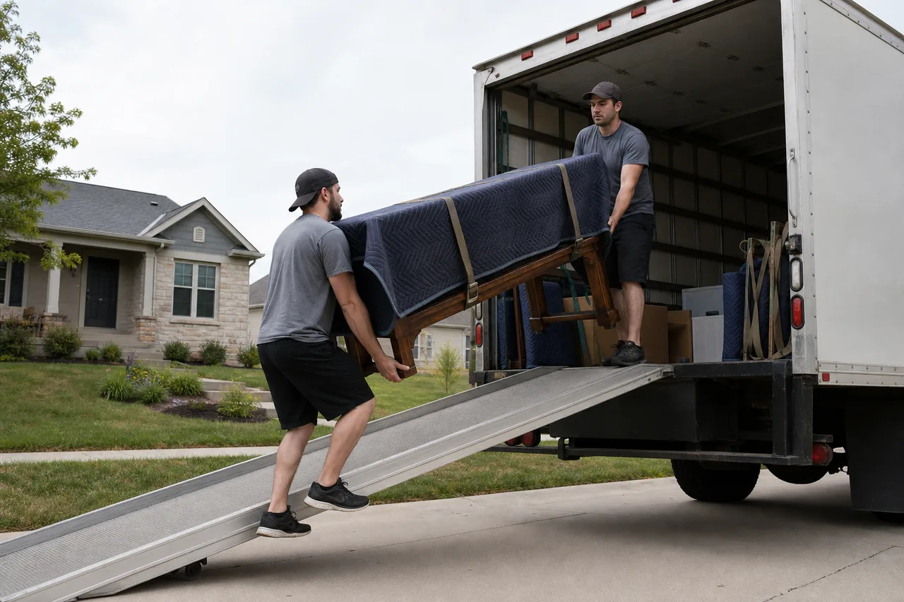 Protected furniture moving up a truck ramp