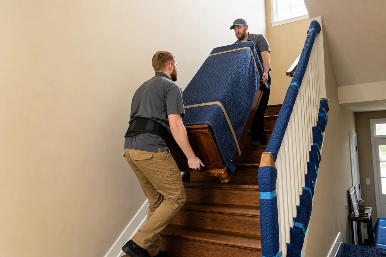 Protected heavy item being carried down stairs